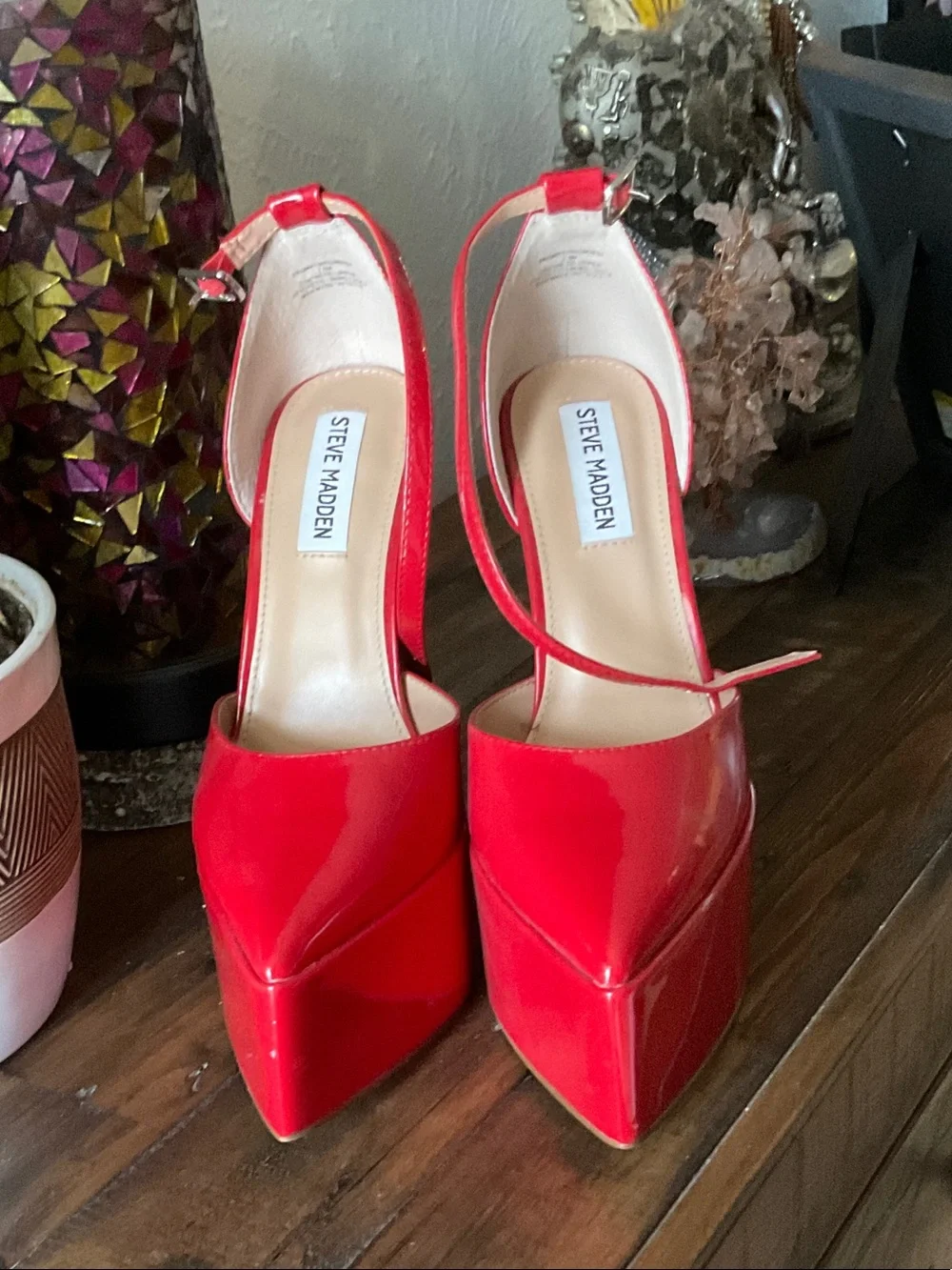 Steve Madden Red Patent Platform Pumps with Ankle Strap